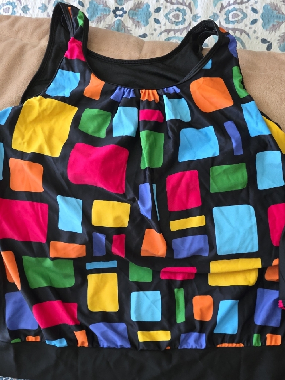 Colorblock Square Pattern Blouson Tankini Set - Black with Bright Multi Colors
